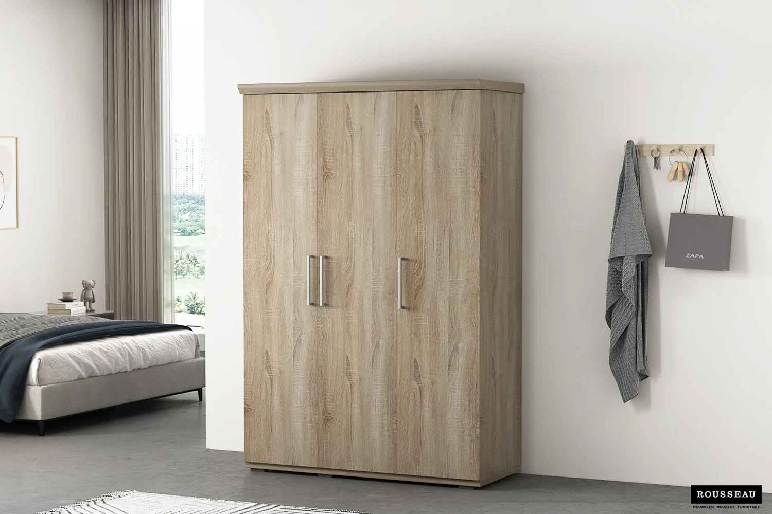 Kledingkast Stiestane 120 cm in licht hout met dubbele deuren en strakke handgrepen in een rustige slaapkamer