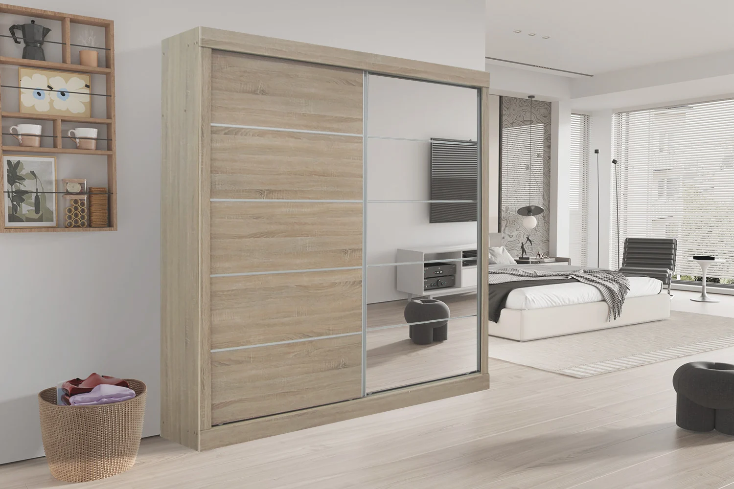 Briennos kledingkast 182,5 cm met schuifdeur, houtlook en spiegeldeuren in een moderne slaapkamer