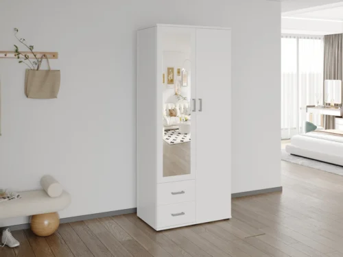 Witte Gaammora kledingkast 80 cm met spiegeldeur, twee lades en slank design voor slaapkamer of logeerkamer