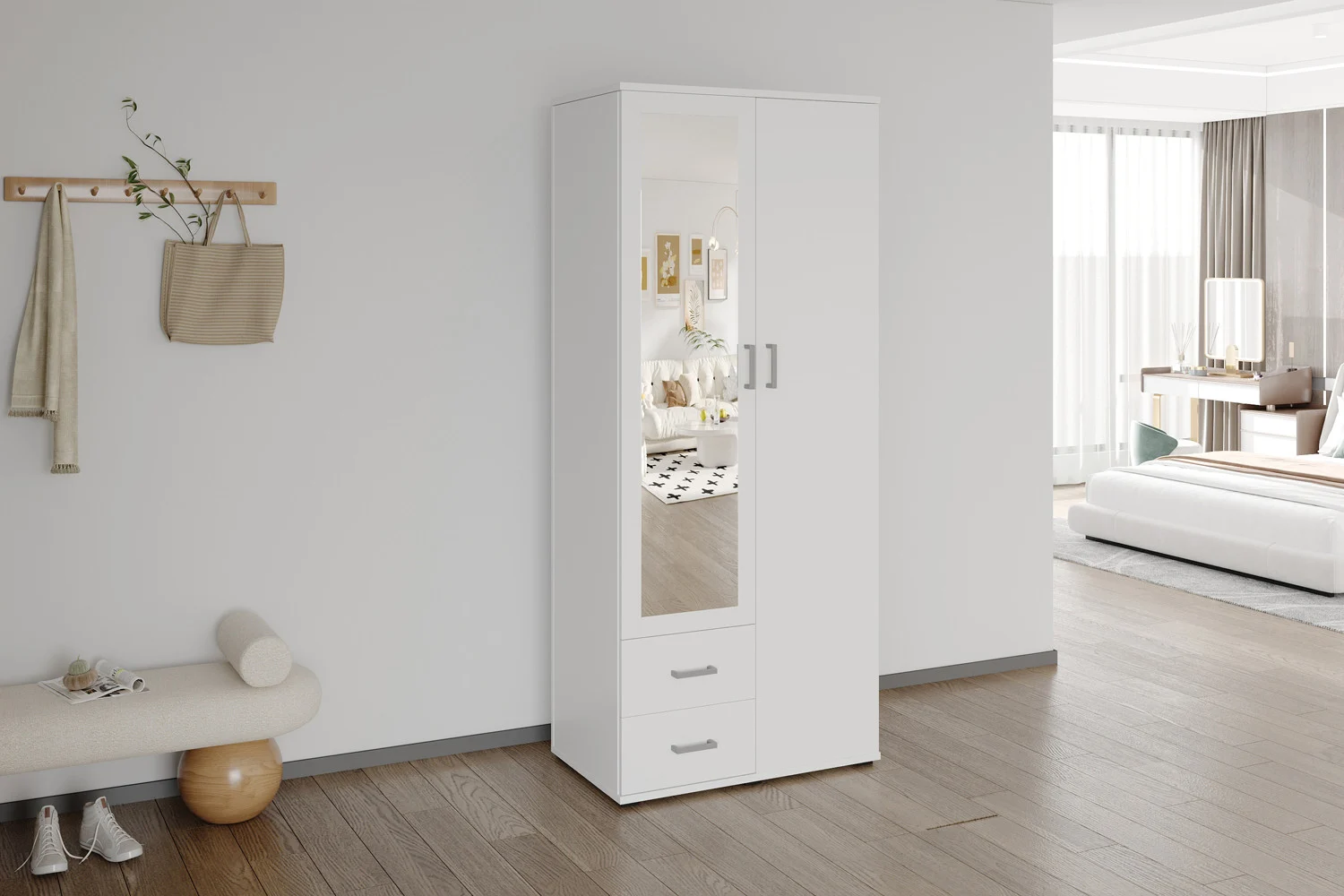 Witte Gaammora kledingkast 80 cm met spiegeldeur, twee lades en slank design voor slaapkamer of logeerkamer