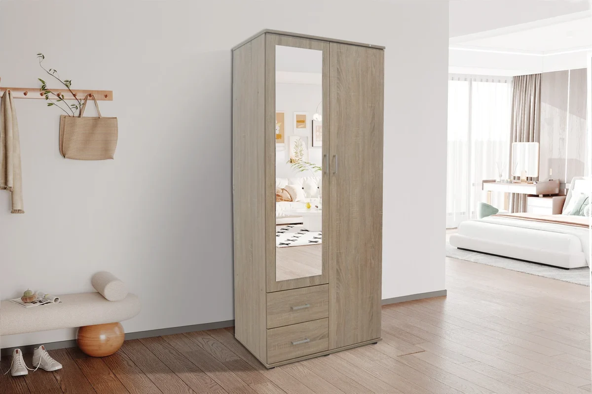Kledingkast Zaustira 80 cm met spiegeldeur, 2 lades en compact eikenlook ontwerp in slaapkamer
