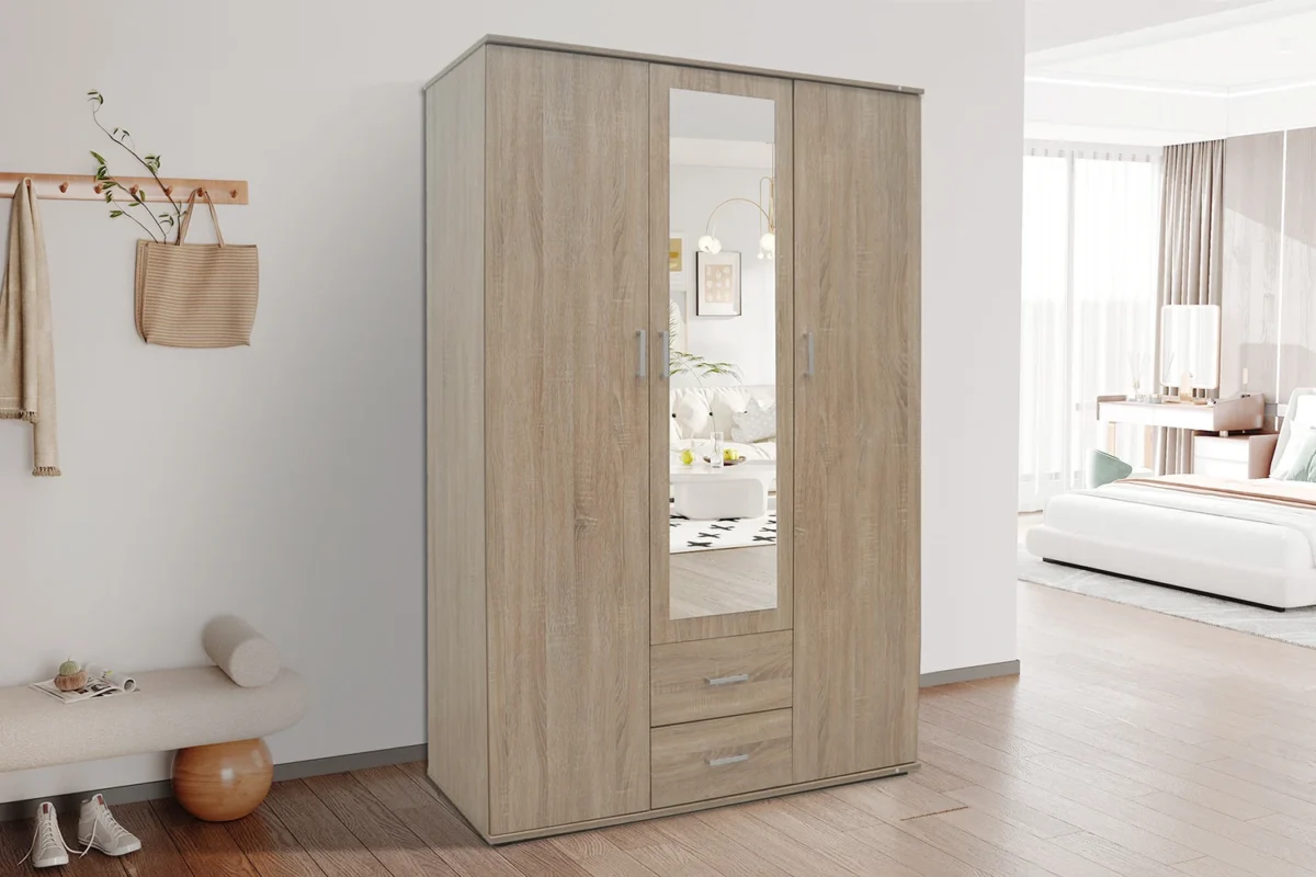Kledingkast Teskir 120 cm in eikenlook met spiegeldeur en twee lades in een lichte slaapkamer