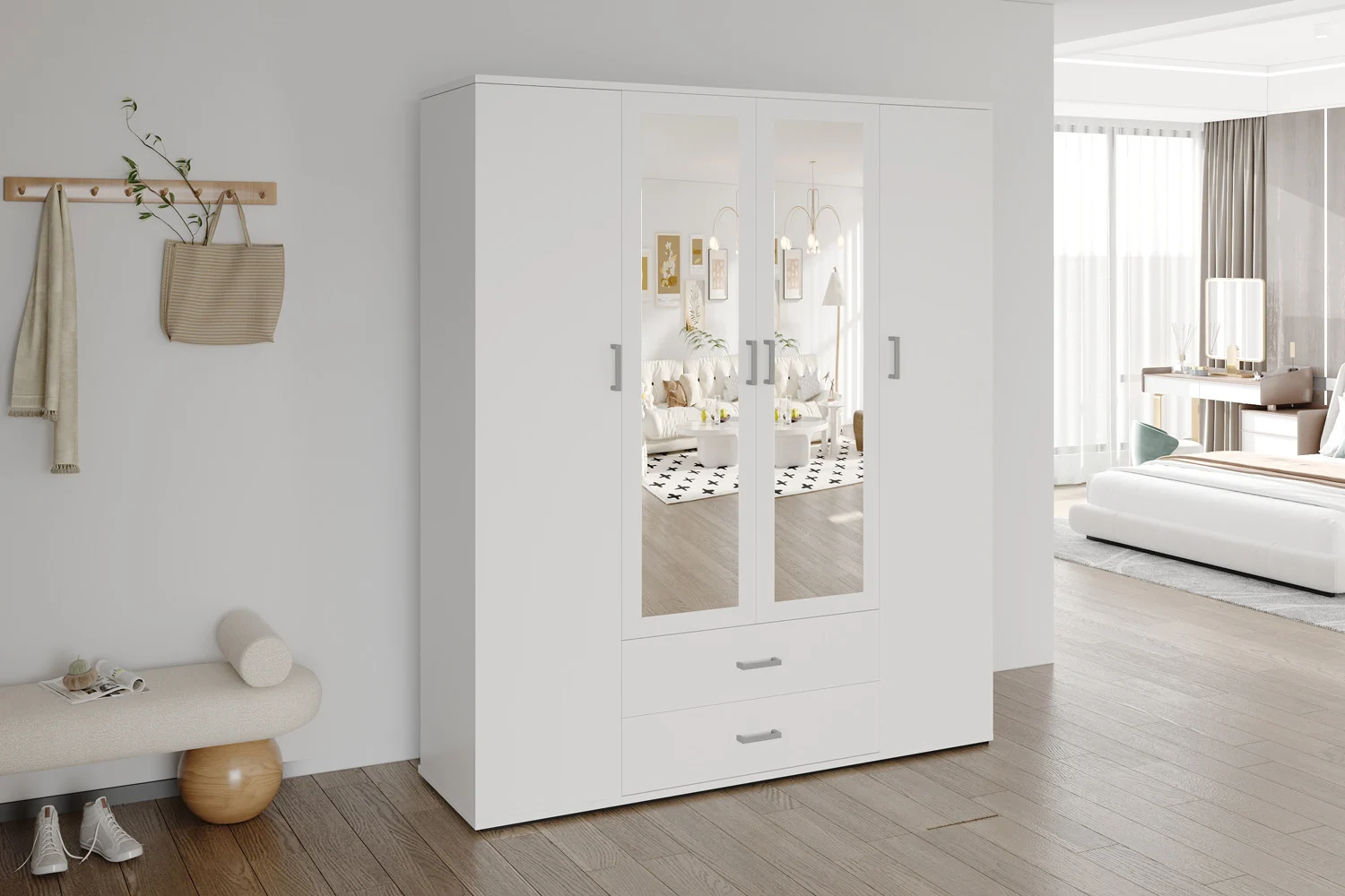 Kledingkast Raumon Wit 160 cm met spiegeldeuren en twee lades in een lichte slaapkamer