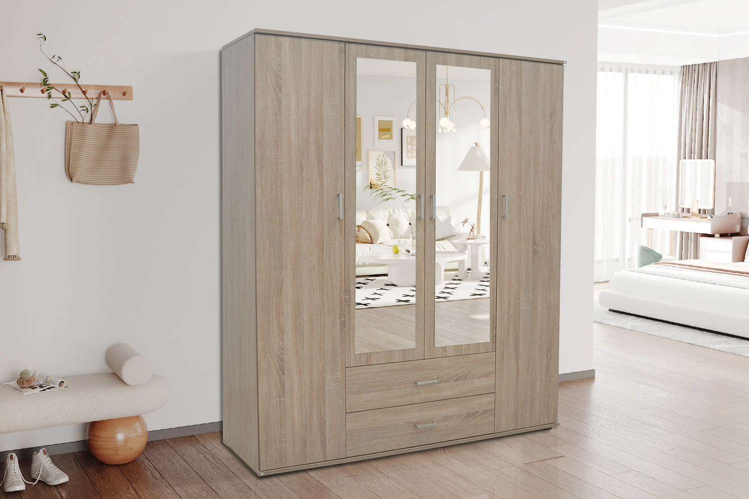 Kledingkast Klaubes 160 cm in licht eiken, met spiegeldeuren, brede opbergruimte en 2 lades