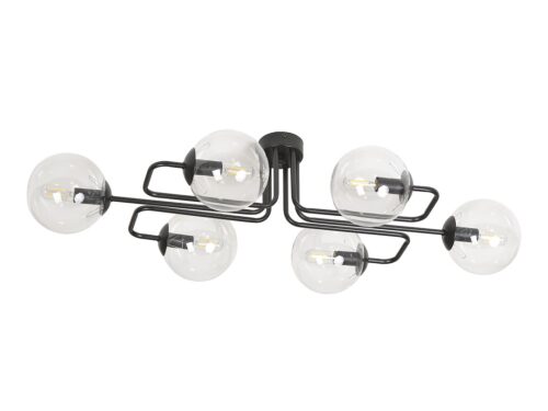 Plafondlamp Stessi zwart met 6 transparante glazen kappen en moderne strakke uitstraling