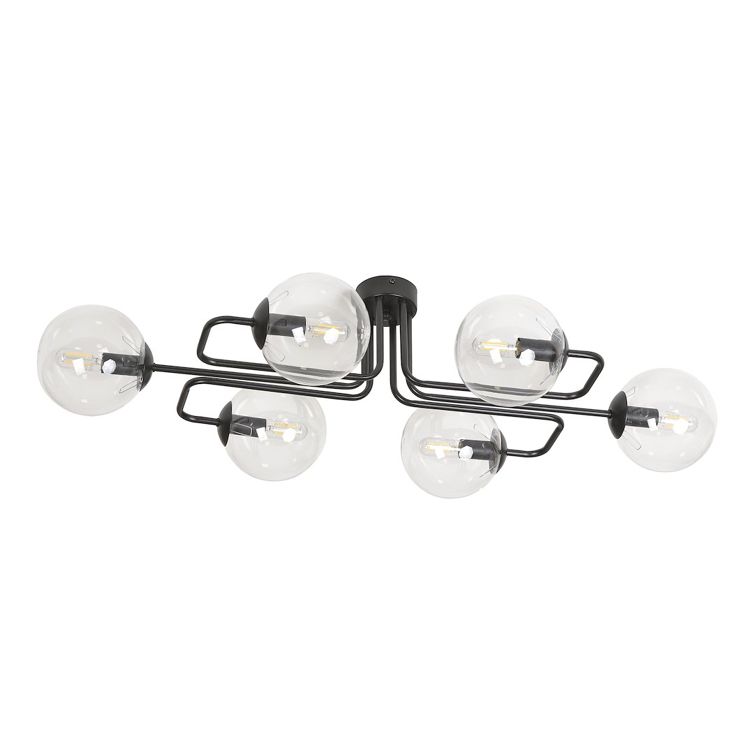 Plafondlamp Stessi zwart met 6 transparante glazen kappen en moderne strakke uitstraling