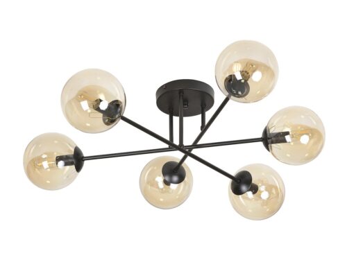 Plafondlamp Lievaro zwart Ø14 cm met zes amber glazen kappen en modern design