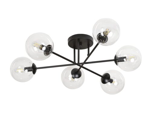 Plafondlamp Nusen Zwart Ø14 cm met zes transparante glazen kappen en strak modern design