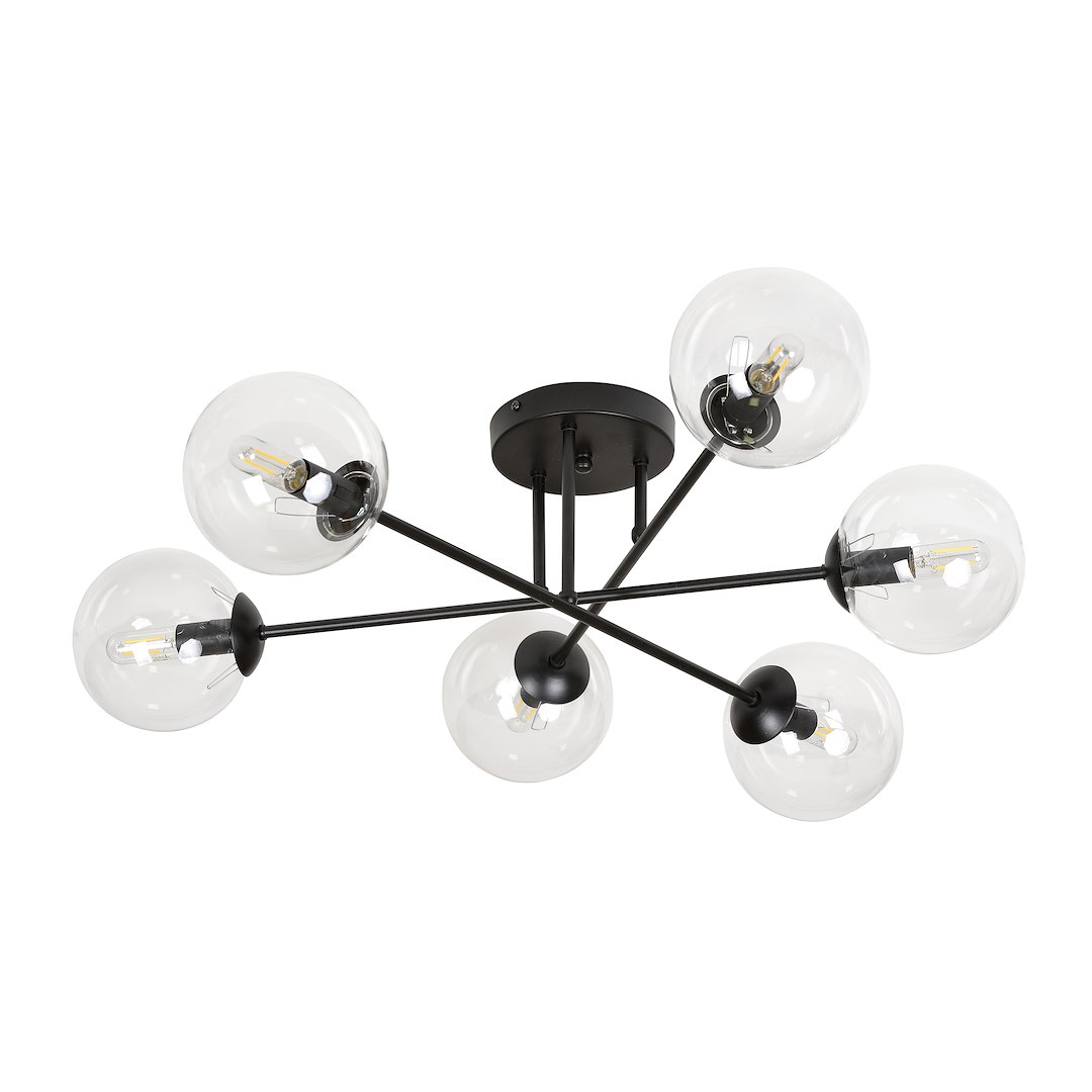 Plafondlamp Nusen Zwart Ø14 cm met zes transparante glazen kappen en strak modern design