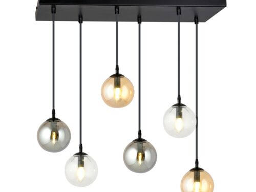 Hanglamp Baammena Zwart Ø14 cm met 6 glazen bollen in transparant, grafiet en amber, verstelbare hoogte