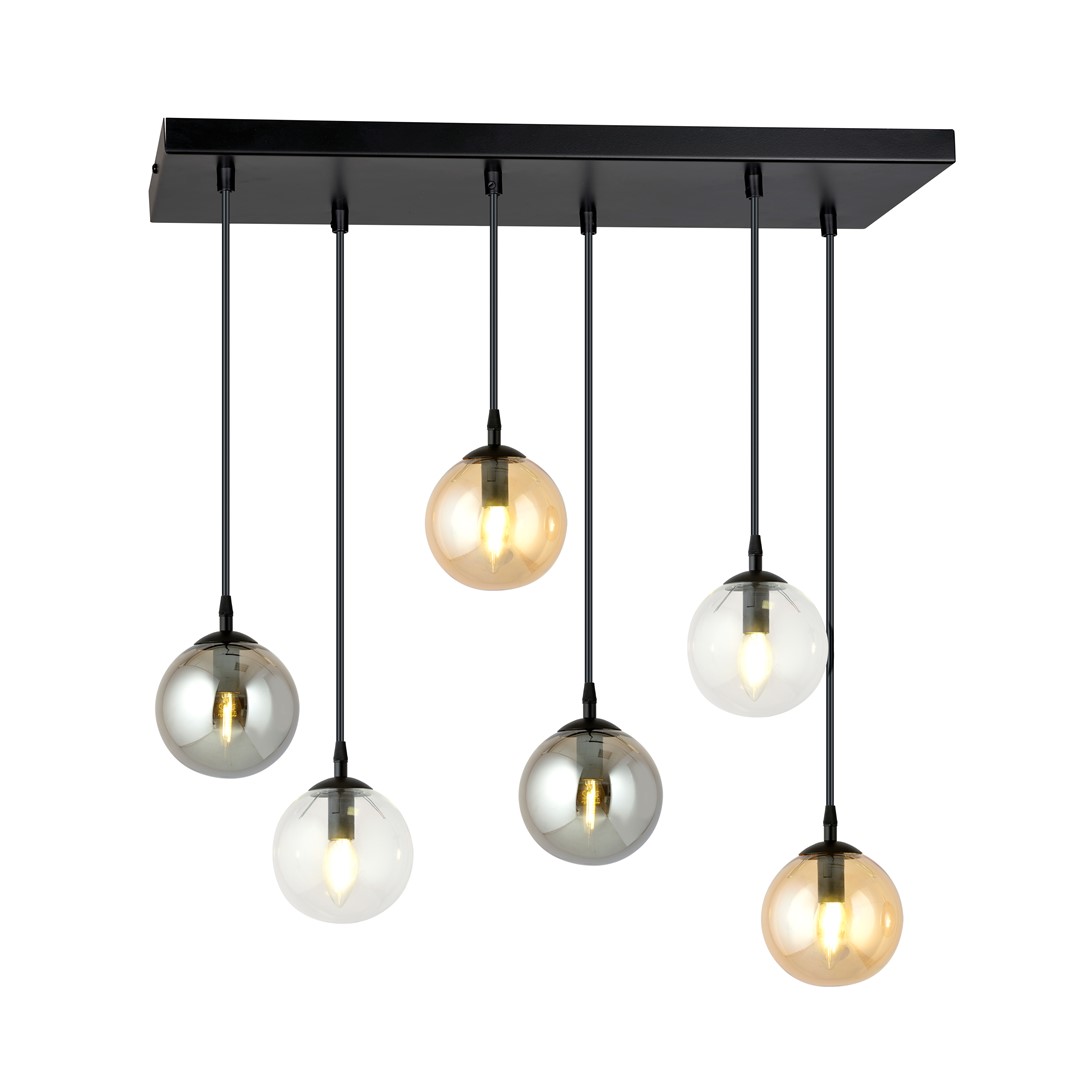 Hanglamp Baammena Zwart Ø14 cm met 6 glazen bollen in transparant, grafiet en amber, verstelbare hoogte