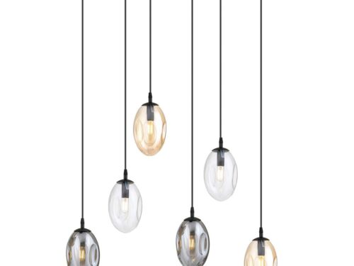 Plafondlamp Trooltero zwart Ø12 cm met 6 glazen kappen in grafiet, transparant en amber