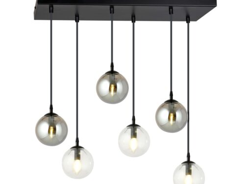 Hanglamp Caumme Zwart met zes glazen bollen en zwarte gepoedercoate stalen plafondplaat