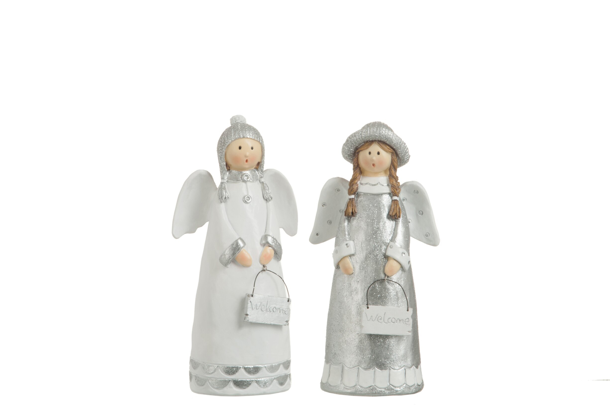 Decoratie Grerdaro Wit: twee engelfiguren in wit en zilver met welcome bordje, rustige woonaccessoire