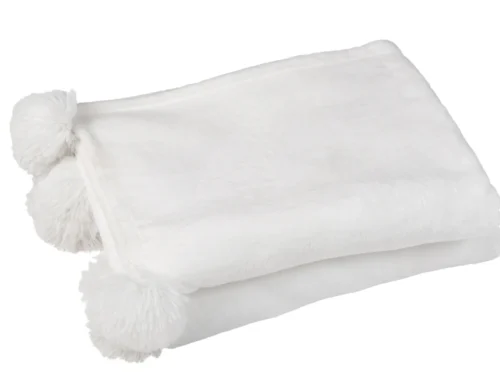 Plaid Zoonnea Wit met speelse pompons, zachte witte 100% polyester woondeken voor bank of bed