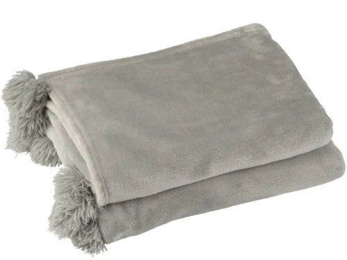 Plaid Klorni Grijs, zacht polyester plaid met fluffy franjes, opgevouwen op witte achtergrond