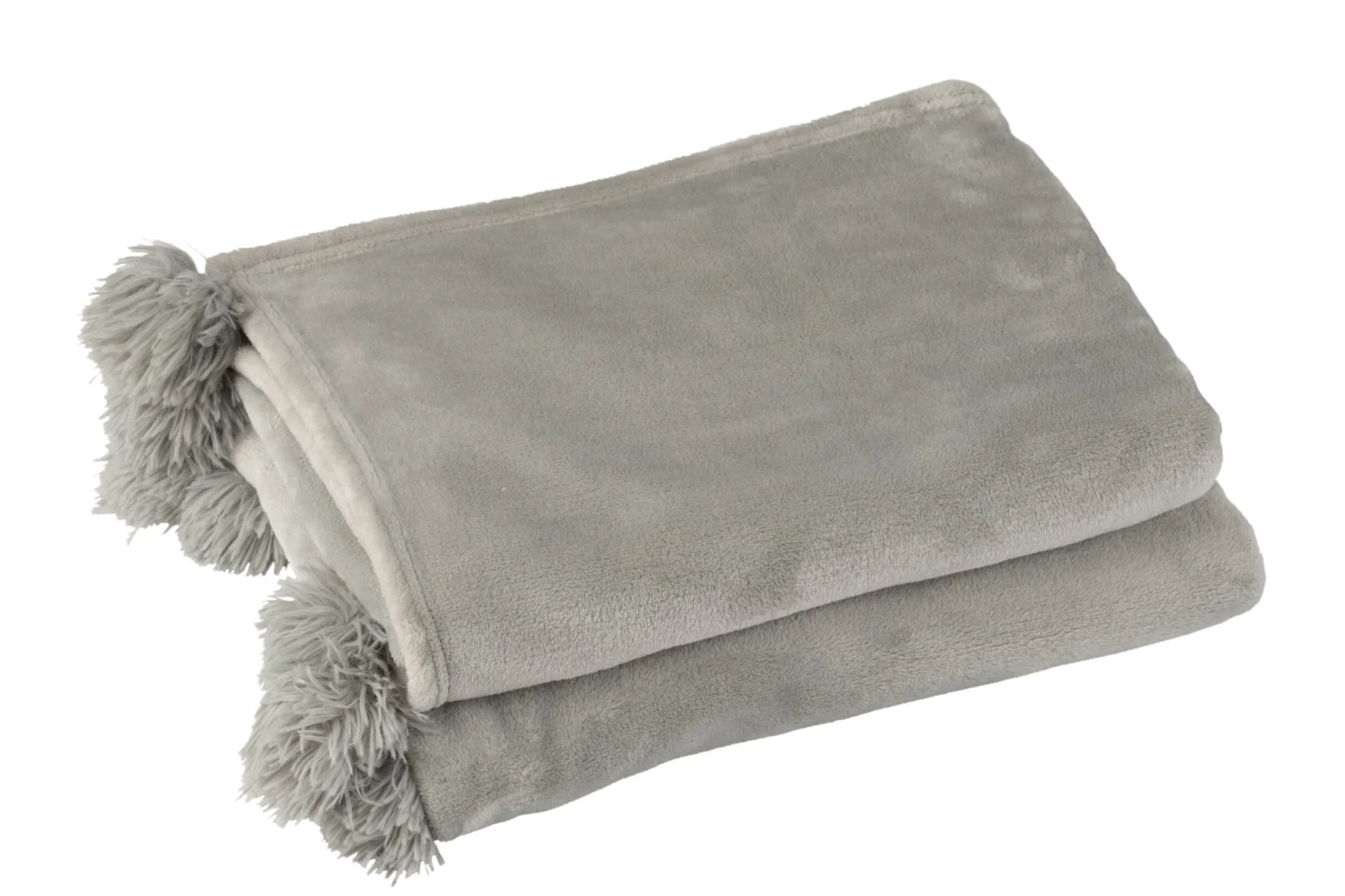Plaid Klorni Grijs, zacht polyester plaid met fluffy franjes, opgevouwen op witte achtergrond