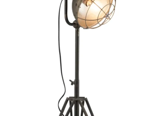 Grijze vloerlamp Dookand met industriële spot, metalen statief en ronde kap, H93 cm