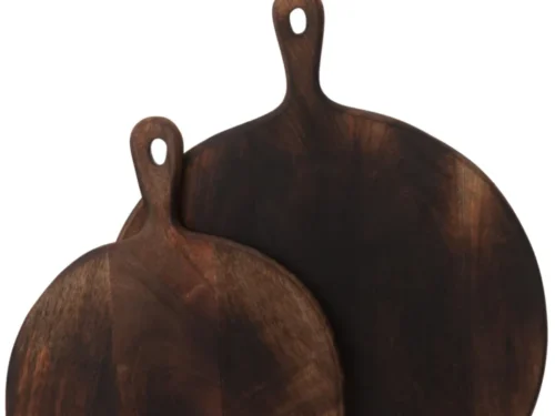 Serveerplank Skierri van donkerbruin mangohout, rond model met handgreep en natuurlijke houtnerf
