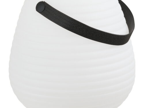 Lamp Birde Wit, oplaadbare witte tafellamp van polyethyleen met zwarte draagband en compacte ronde vorm