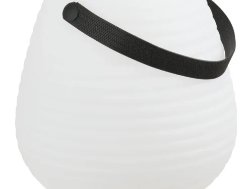 Lamp Birde Wit, oplaadbare witte tafellamp van polyethyleen met zwarte draagband en compacte ronde vorm