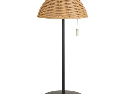 Tafellamp Camello naturel met zwarte voet en gevlochten kap, oplaadbaar en compact H32 cm