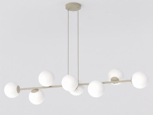 Hanglamp Vauraro Beige Ø14 cm met zes witte glazen bollen en slank, modern design