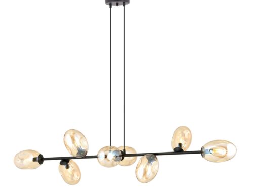 Hanglamp Kondia zwart met amber glazen kappen en 8 lichtpunten, verstelbare hoogte