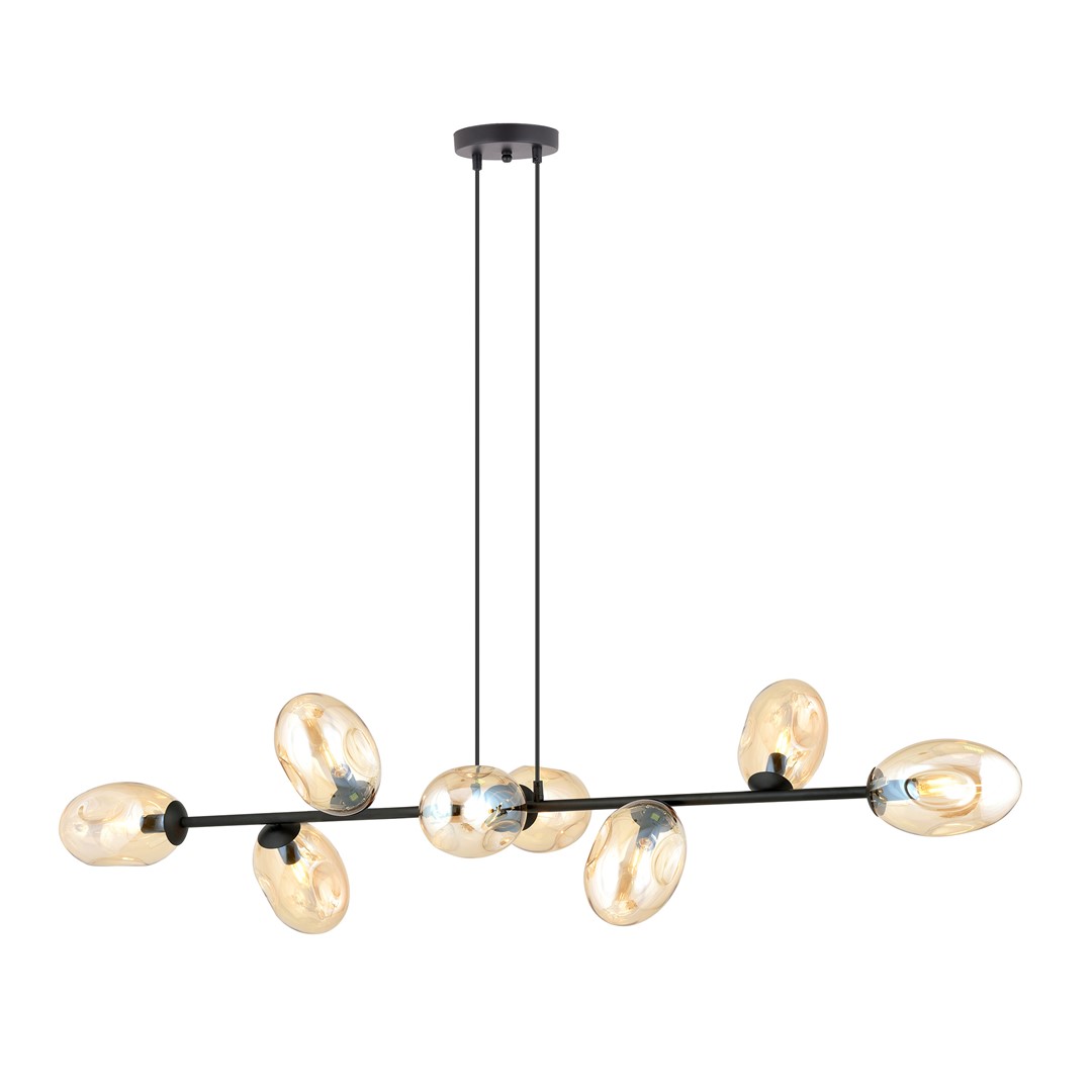 Hanglamp Kondia zwart met amber glazen kappen en 8 lichtpunten, verstelbare hoogte
