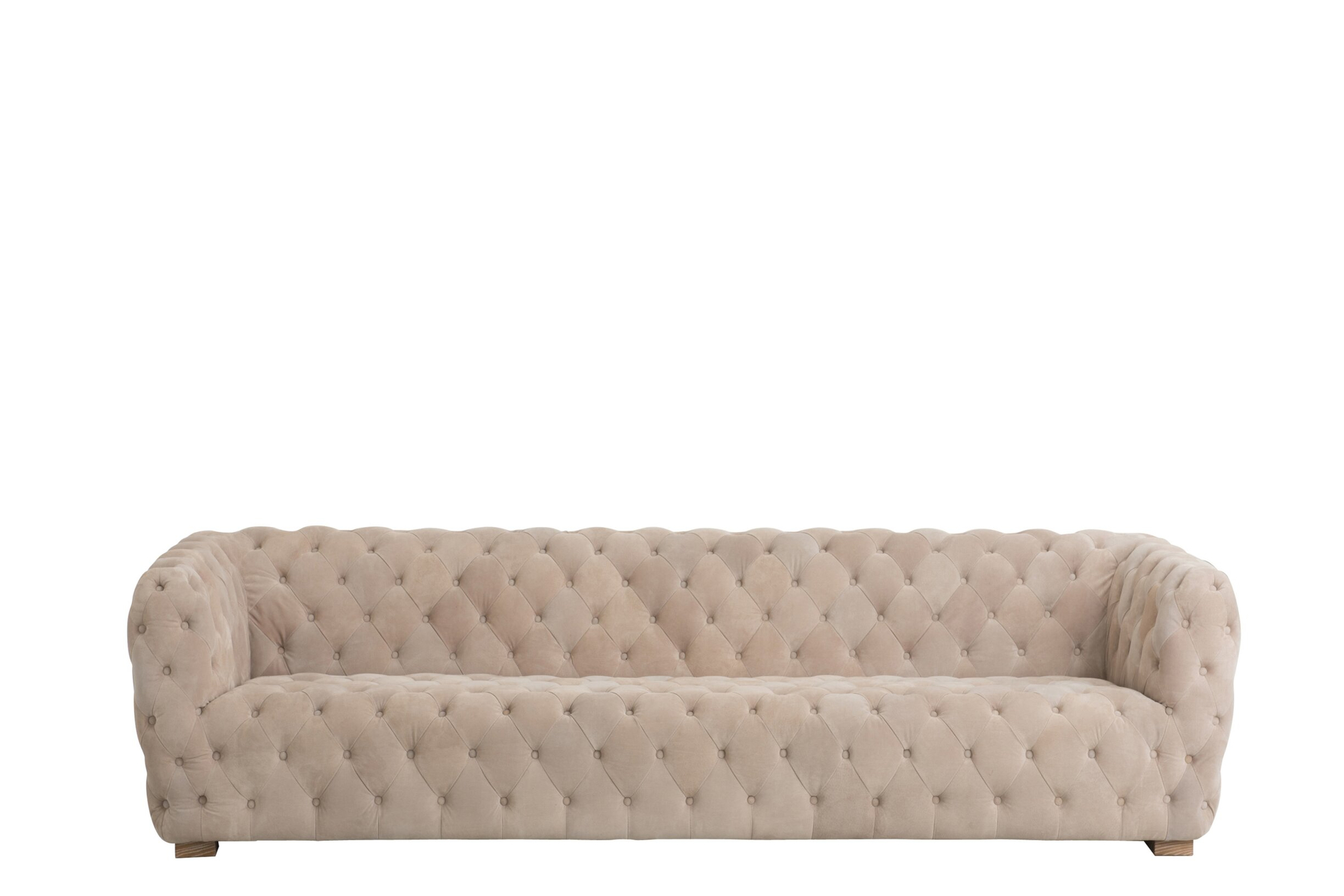 Slunnar 3-zitsbank beige met capitonné bekleding en lage, brede houten poten