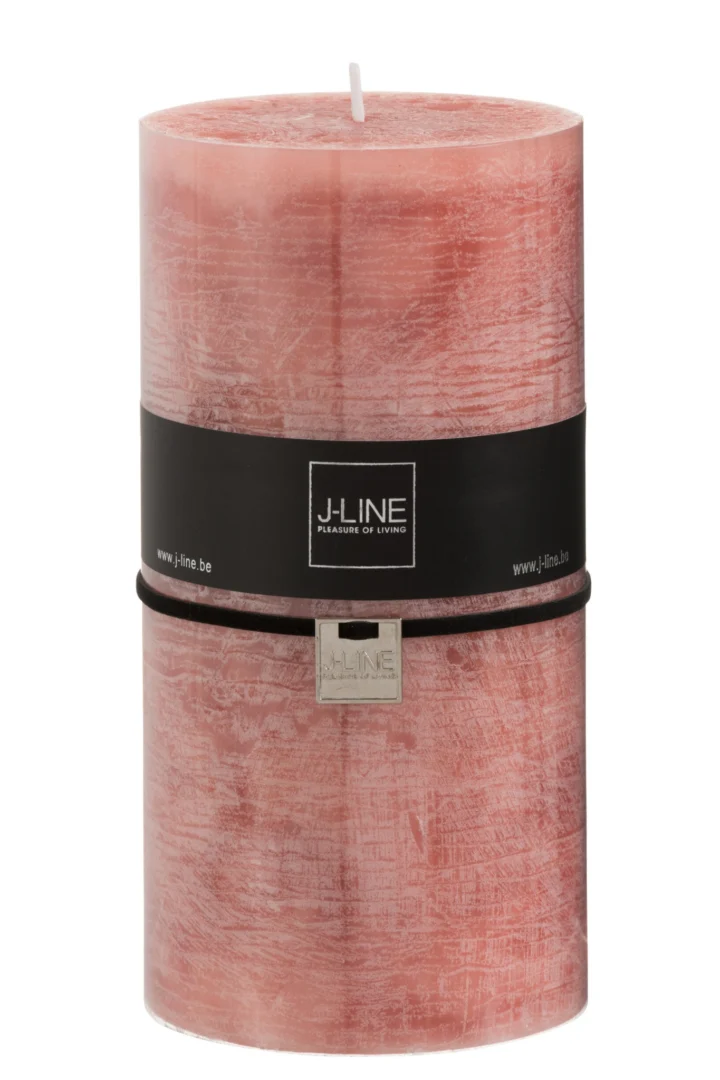 Roze Cilinderkaars Teestane van J-LINE met rustieke afwerking en decoratieve band, stijlvol voor interieuraccent