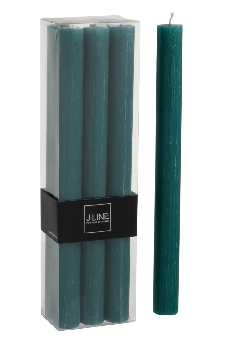 Skuntir groene opbergdoos met drie slanke kaarsen in transparante verpakking, rustig en tijdloos design