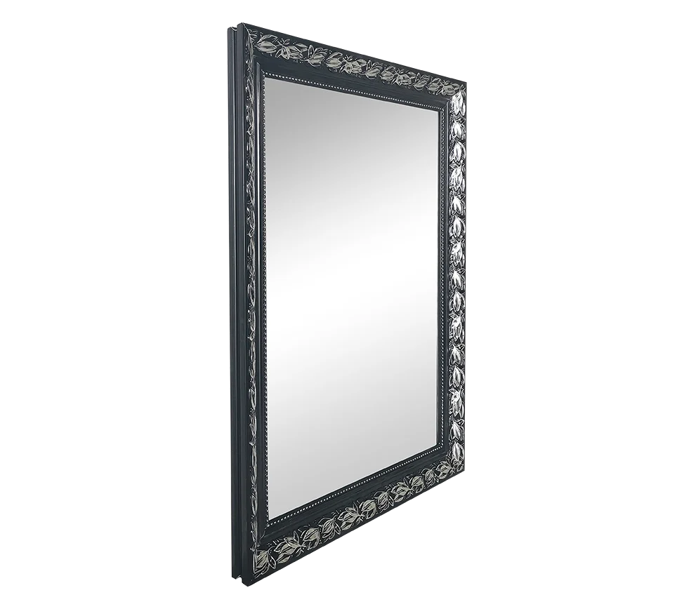Spiegel Zaulvi zwart 70 x 55 cm met sierlijke zilverkleurige lijst en strak spiegelglas