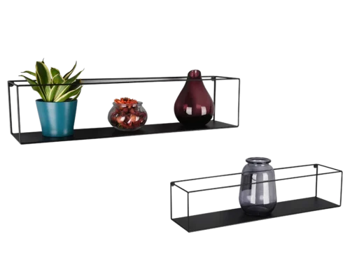 Wandplank Breirane metaal 65 cm, zwart, strak design met plant en decoratie