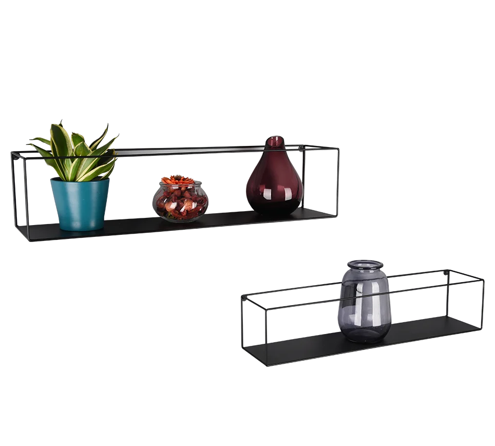 Wandplank Breirane metaal 65 cm, zwart, strak design met plant en decoratie