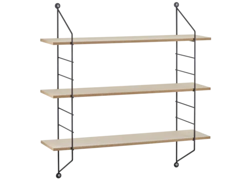 Wandplank Prodi Metaal 62 cm met drie houten planken, zwart metalen frame en witte accenten, verticaal monteerbaar