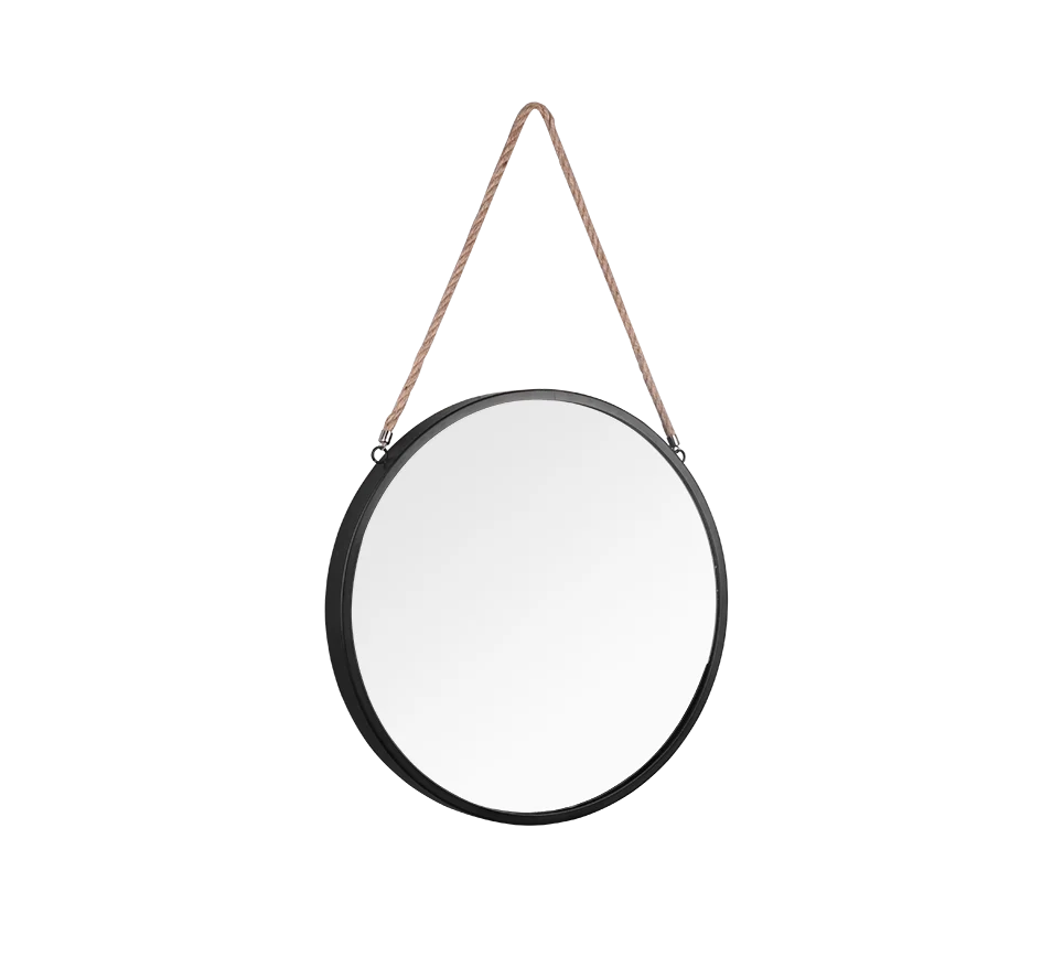 Spiegel Flaulol zwart 40 x 40 cm met metalen rand en touwlus, ronde wanddecoratie in moderne stijl