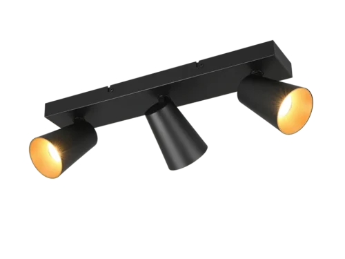 Spot Zaultia mat zwart plafondlamp met 3 verstelbare GU10-spots en goudkleurige binnenkant