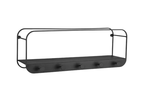 Wandplank Greivand Metaal 50 cm, zwart, met vijf haken en strakke industriële vorm