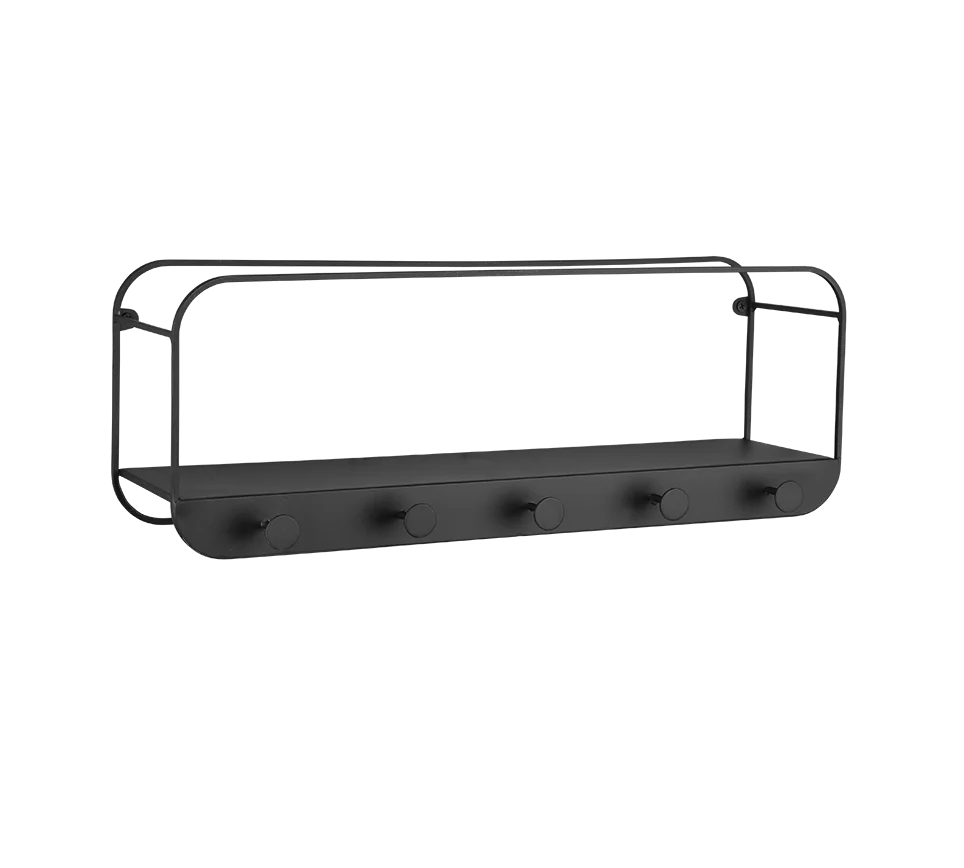 Wandplank Greivand Metaal 50 cm, zwart, met vijf haken en strakke industriële vorm