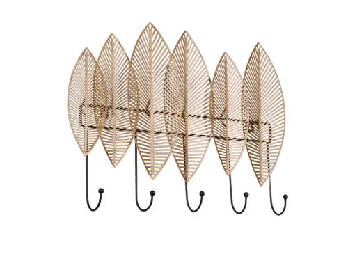 Kapstok Gillum van goudkleurig metaal met 5 bladvormige haken en slank 35 cm ontwerp