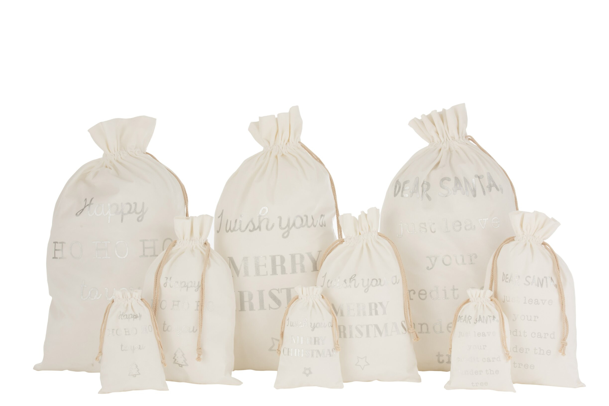 Woonaccessoire Saurrol polyester wit, set van 3 kerstzakken met trekkoord en feestelijke opdruk
