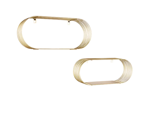 Wandplank Ragnar van goudkleurig metaal, 43 cm breed, met moderne ovale vorm en hanger inbegrepen