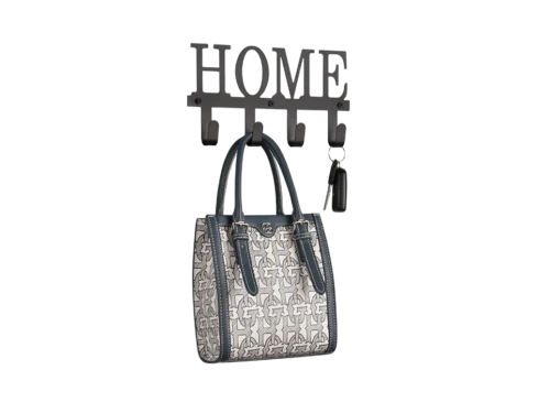Kapstok Klansio metaal 25 cm zwart met HOME-uitspelling en 4 haken, met tas en sleutelhanger afgebeeld