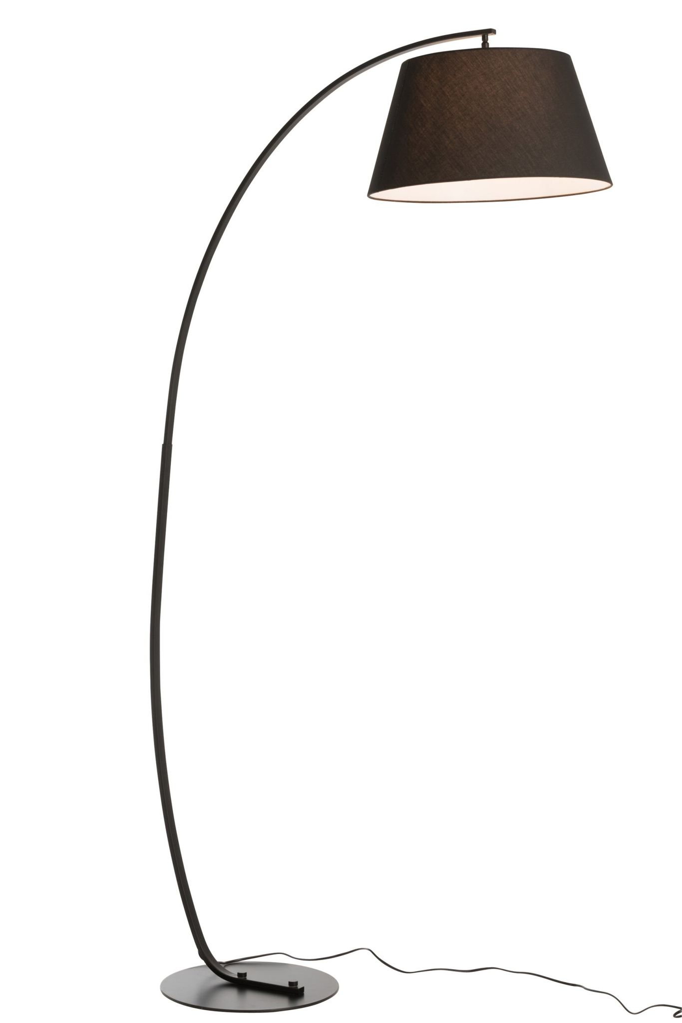 Booglamp Zanny Zwart met slanke zwarte boog, stoffen kap en ronde voet voor modern interieur