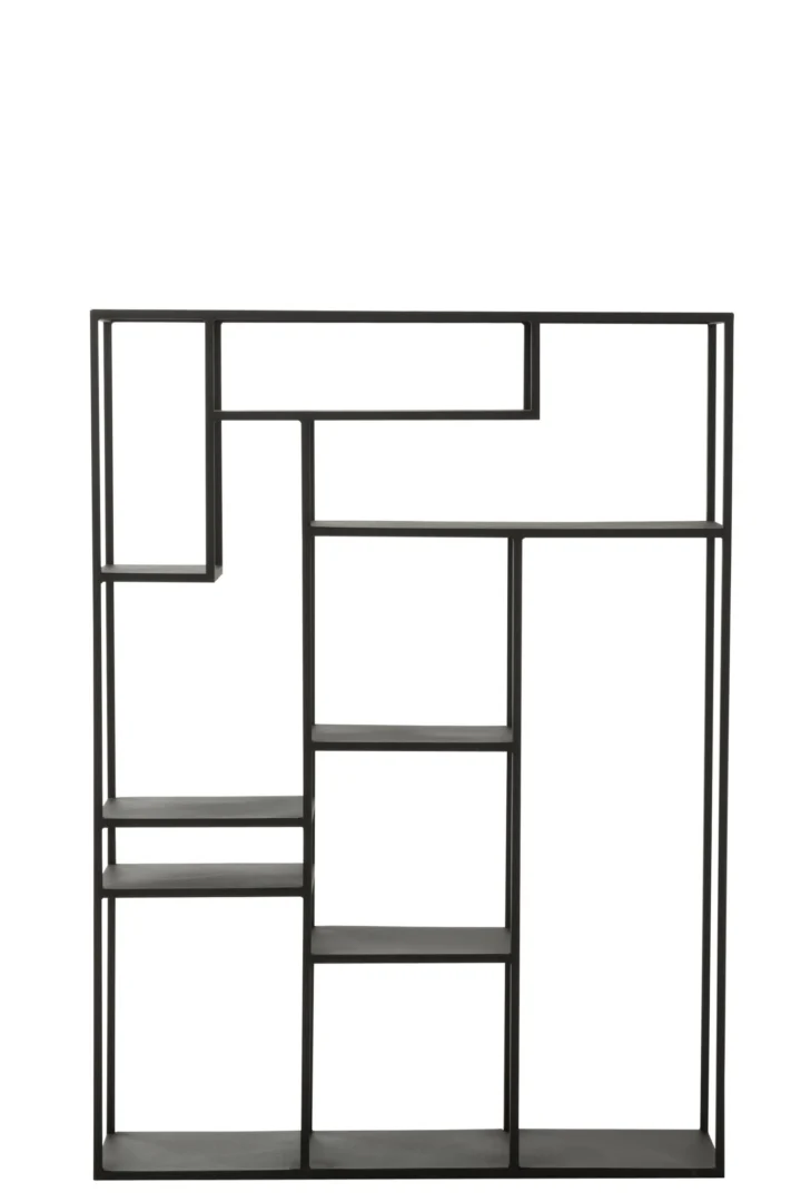 Bumo wandplank metaal 110 cm, zwarte onregelmatige wandrekvorm met meerdere open vakken