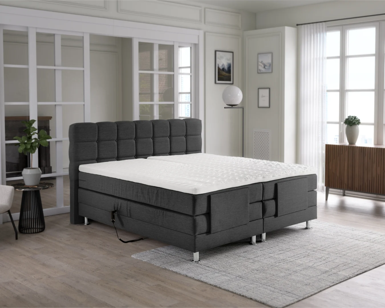 Antraciet elektrische boxspring 180x200 met gestoffeerd hoofdbord en verstelbare ligpositie
