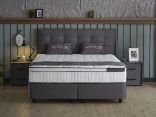 SKYBEDD Modebedd boxspring Vietund antraciet 140 x 200 met fluwelen bekleding en hybride matras