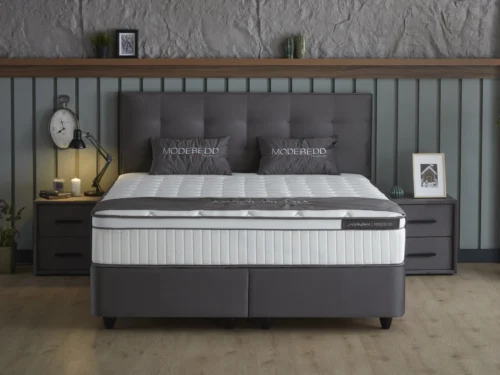 SKYBEDD Modebedd boxspring Vietund antraciet 140 x 200 met fluwelen bekleding en hybride matras