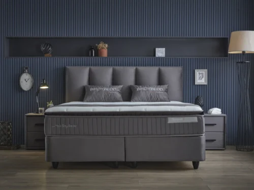 Boxspring Haurdora Antraciet 140x200 met fluwelen bekleding, strak hoofdbord en comfortabele uitstraling